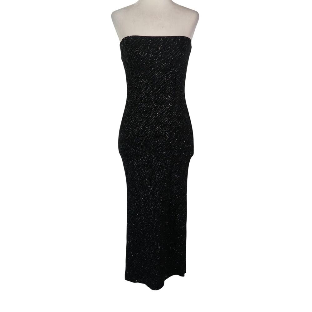Vintage Y2K Wet Seal Black Tiger Stripe Glitter Strapless Midi Bodycon Dress M